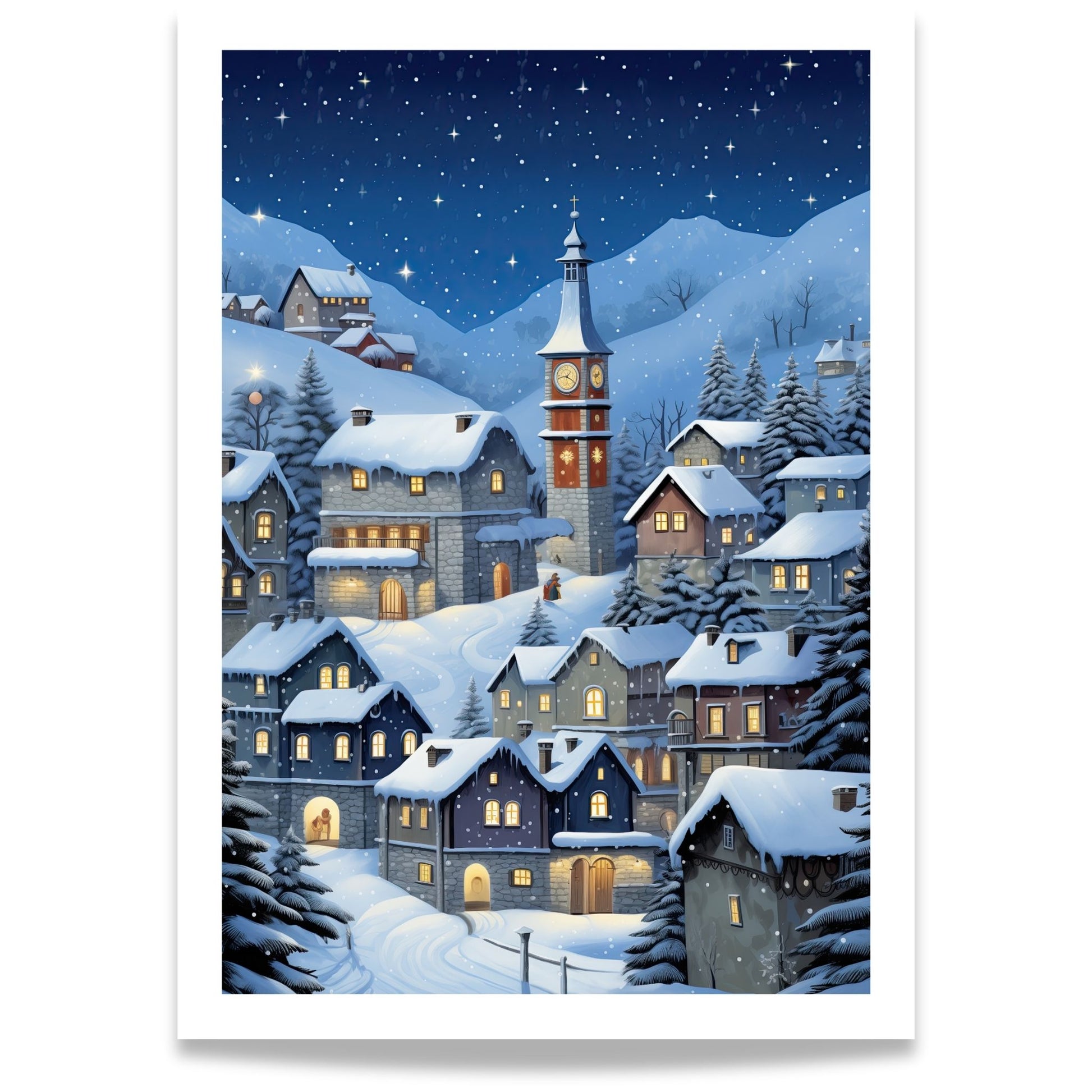 Vinterplakat av snødekt fjellandsby med klokketårn, varme vinduslys og klar stjernehimmel