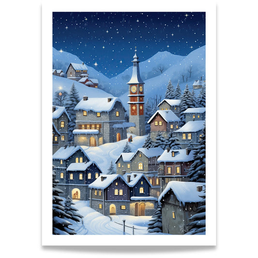 Vinterplakat av snødekt fjellandsby med klokketårn, varme vinduslys og klar stjernehimmel