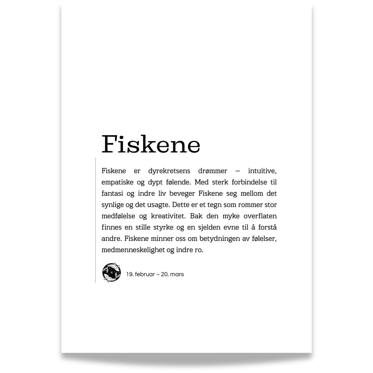 Minimalistisk stjernetegnplakat for Fiskene med typografisk tekst og rolig, nordisk uttrykk