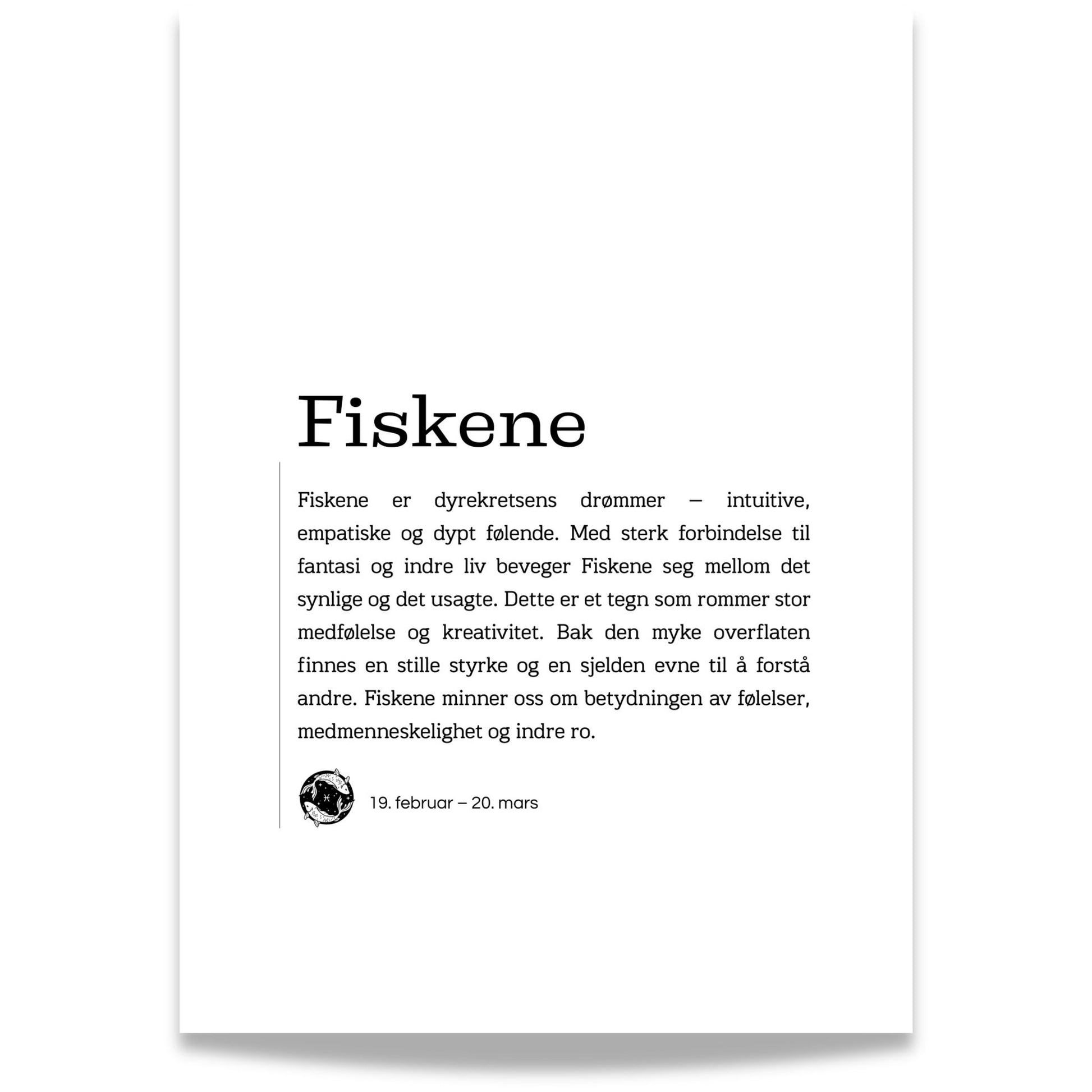 Minimalistisk stjernetegnplakat for Fiskene med typografisk tekst og rolig, nordisk uttrykk