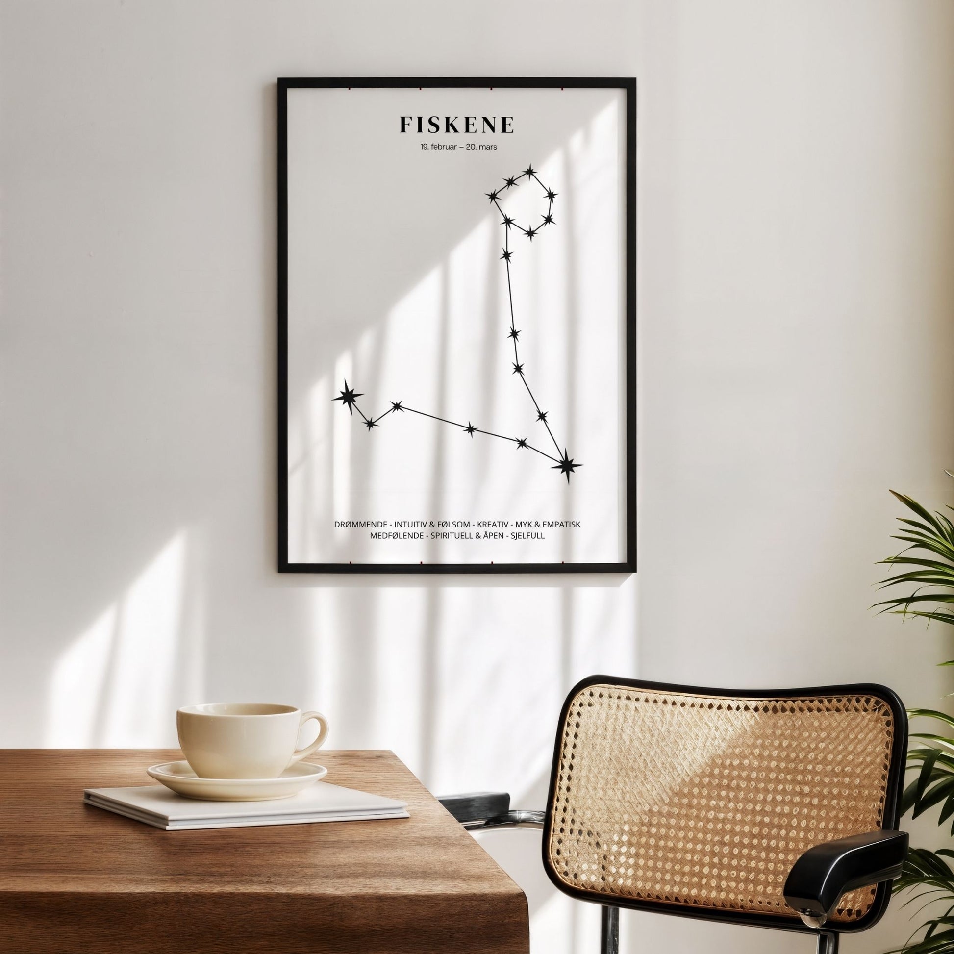 Minimalistisk stjernetegnplakat med stjernebildet Fiskene sort på hvit bakgrunn. Miljøbilde.
