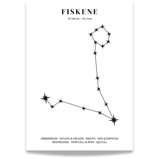 Minimalistisk stjernetegnplakat med stjernebildet Fiskene sort på hvit bakgrunn