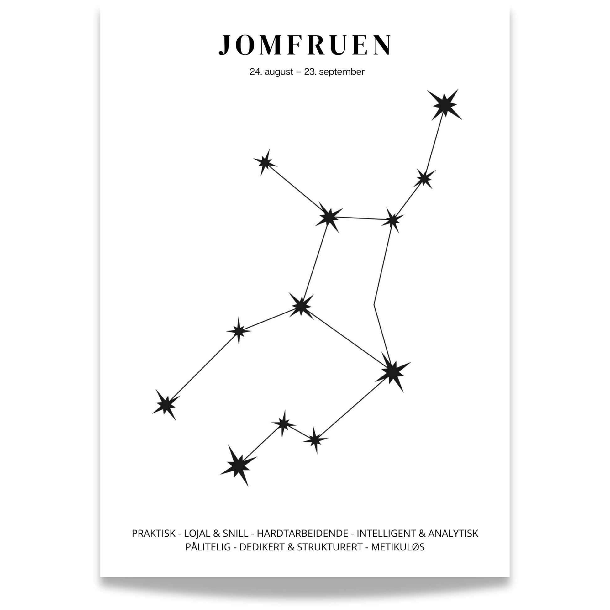 Minimalistisk stjernetegnplakat med stjernebildet Jomfruen i sort på hvit bakgrunn. 