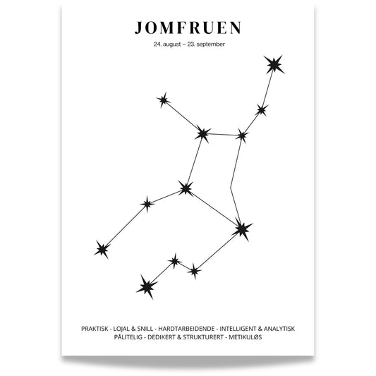 Minimalistisk stjernetegnplakat med stjernebildet Jomfruen i sort på hvit bakgrunn. 