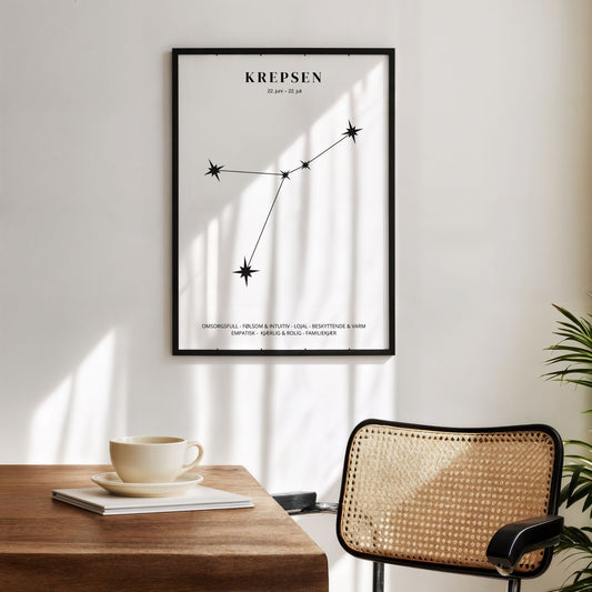 Minimalistisk stjernetegnplakat med stjernebildet Krepsen i sort på hvit bakgrunn. Miljøbilde.