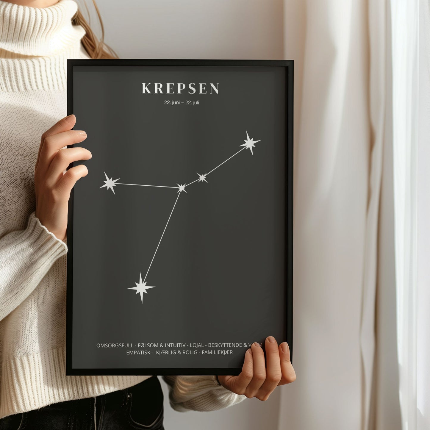 Minimalistisk stjernetegnplakat med stjernebildet Krepsen i hvitt på sort bakgrunn. Person som holder ramme.