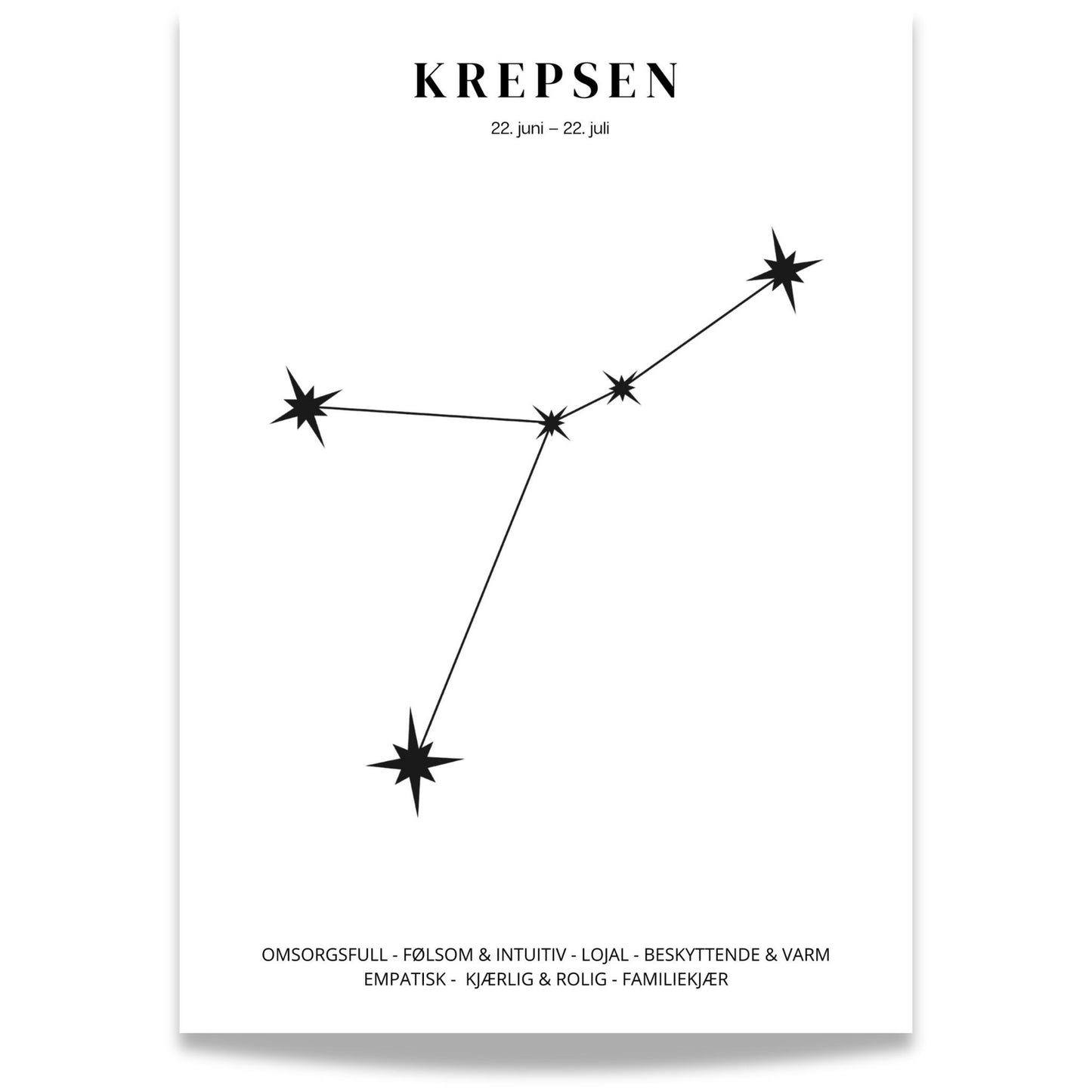 Minimalistisk stjernetegnplakat med stjernebildet Krepsen i sort på hvit bakgrunn. 