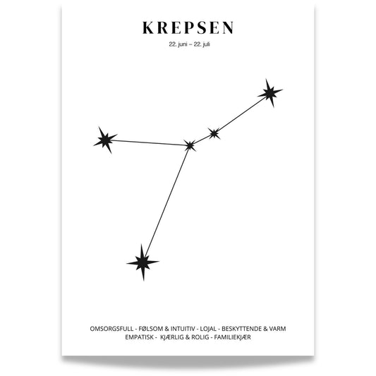 Minimalistisk stjernetegnplakat med stjernebildet Krepsen i sort på hvit bakgrunn. 