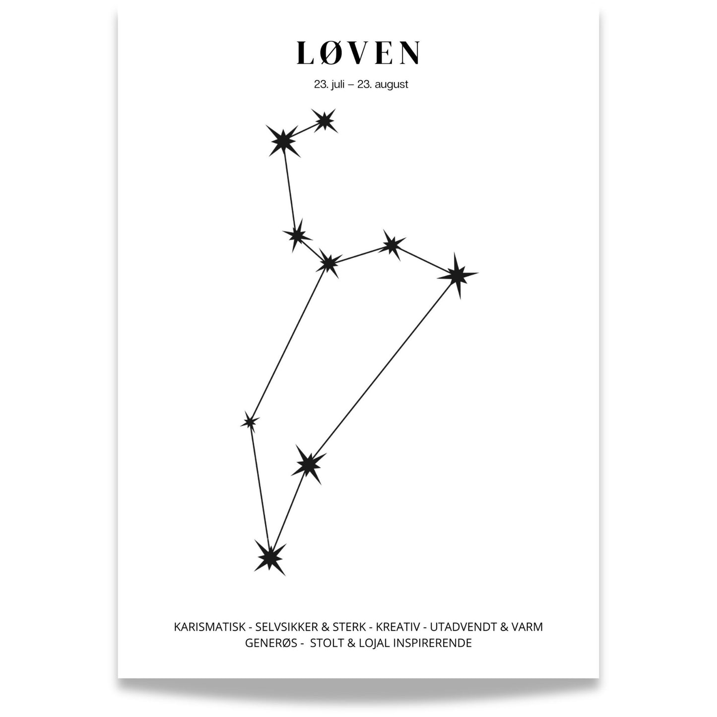 Minimalistisk stjernetegnplakat med stjernebildet Løven i sort på hvit bakgrunn. 