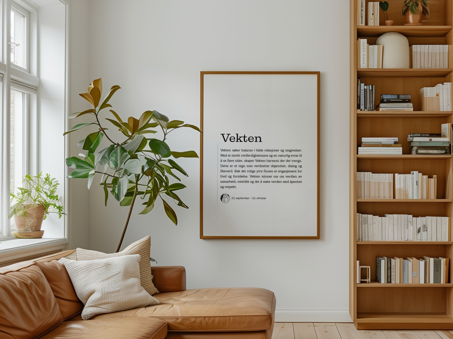 Minimalistisk stjernetegn-plakat med Vekten i ramme, stylet i lyst nordisk interiør