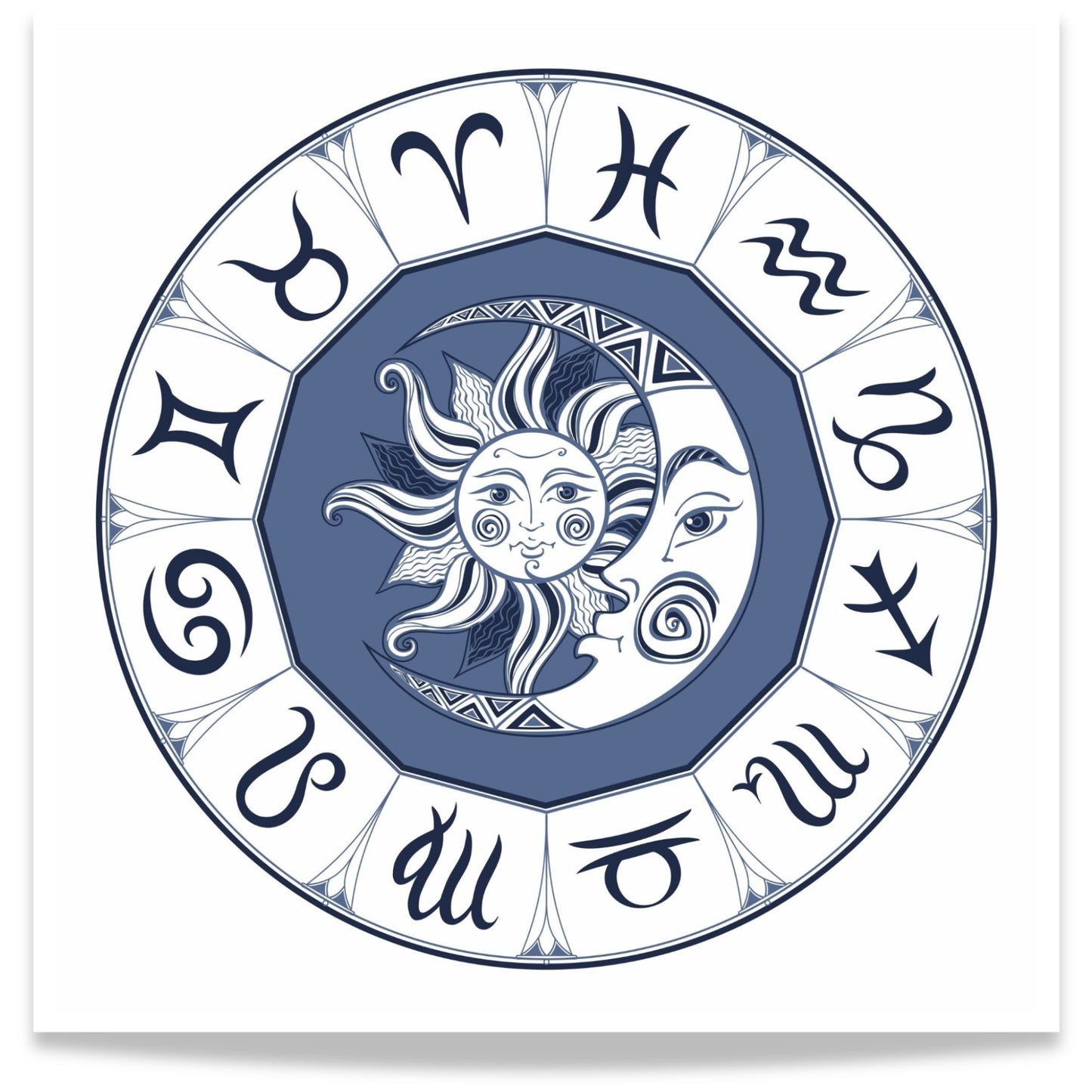 Stjernetegn sirkel plakat i blå med zodiac wheel og sol og måne
