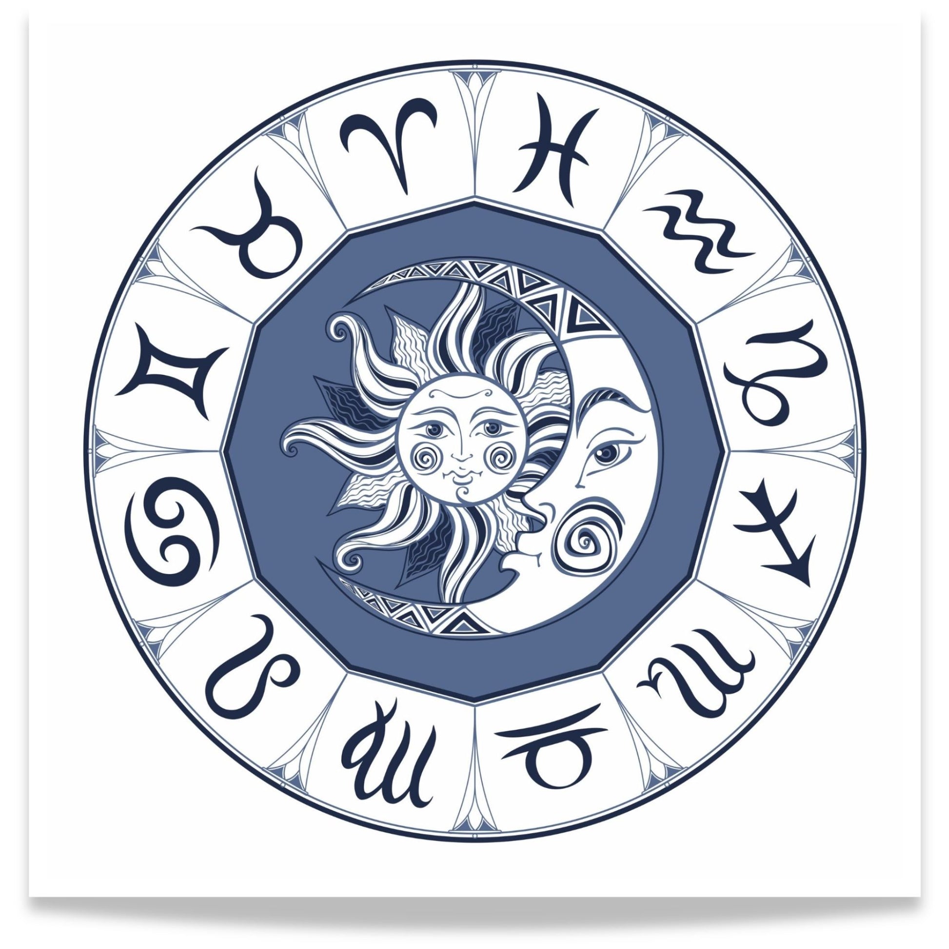 Stjernetegn sirkel plakat i blå med zodiac wheel og sol og måne