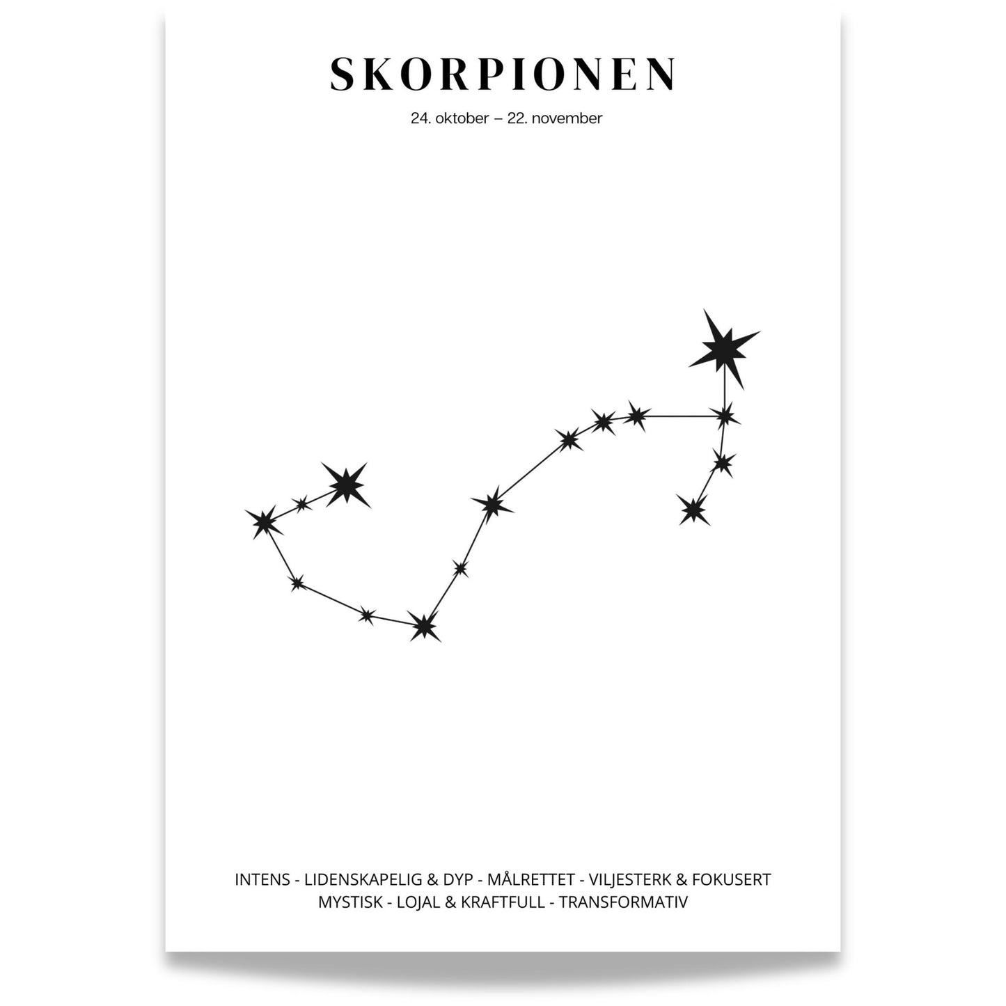 Minimalistisk stjernetegnplakat med stjernebildet Skorpionen i sort på hvit bakgrunn.   .