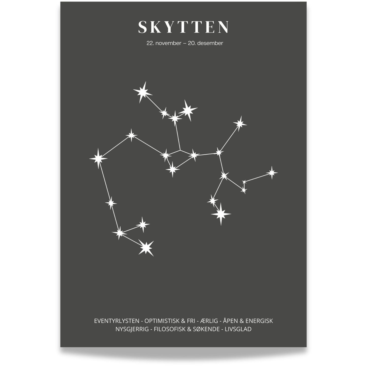 Minimalistisk stjernetegnplakat med stjernebildet Skytten i hvitt på sort bakgrunn.  