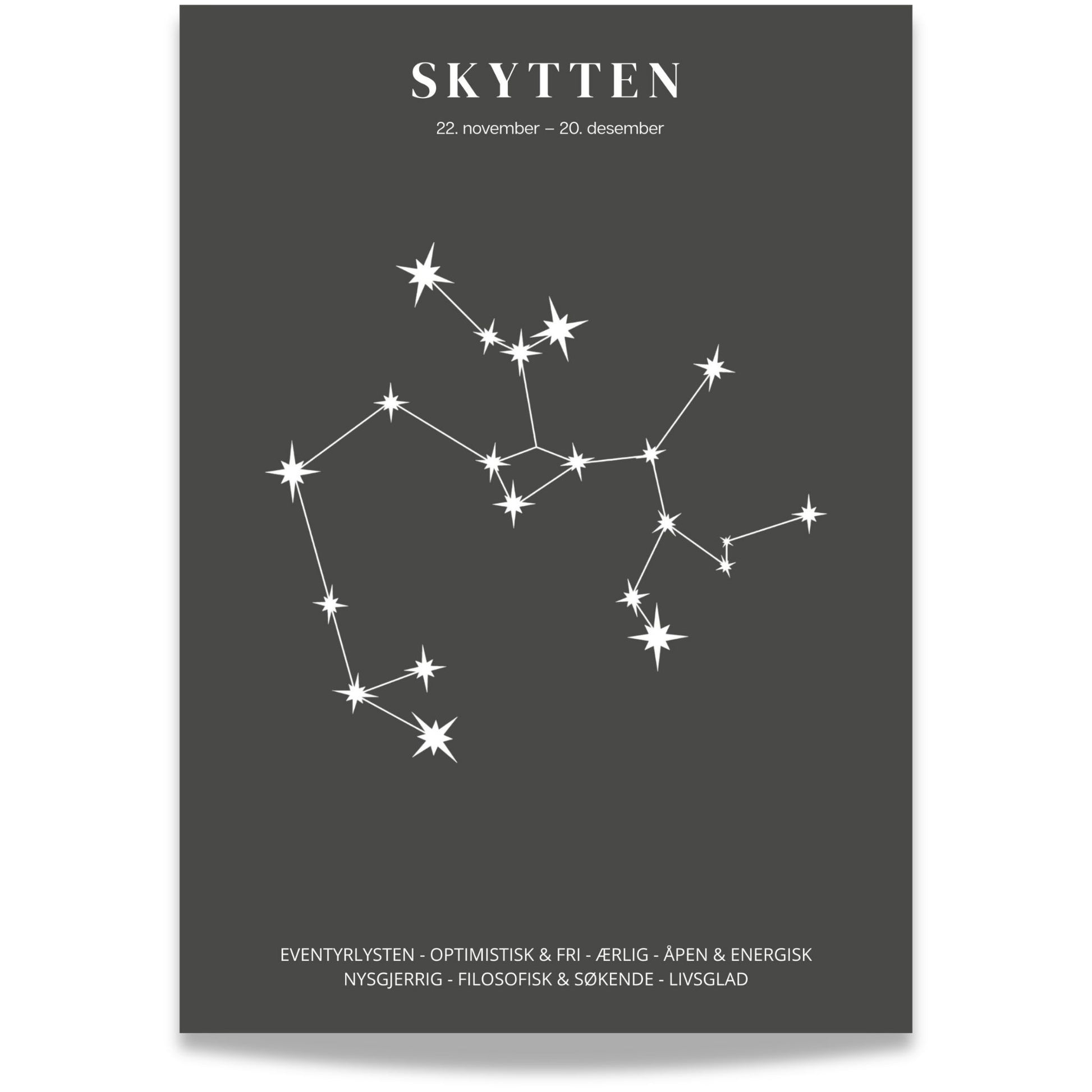 Minimalistisk stjernetegnplakat med stjernebildet Skytten i hvitt på sort bakgrunn.  