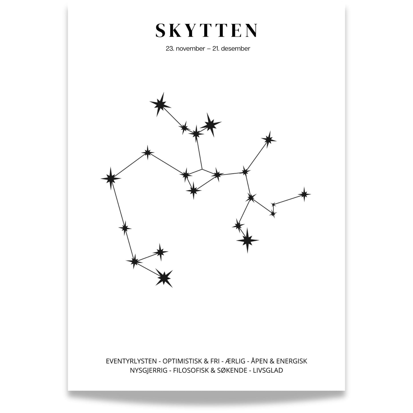 Minimalistisk stjernetegnplakat med stjernebildet Skytten i sort på hvit bakgrunn.  