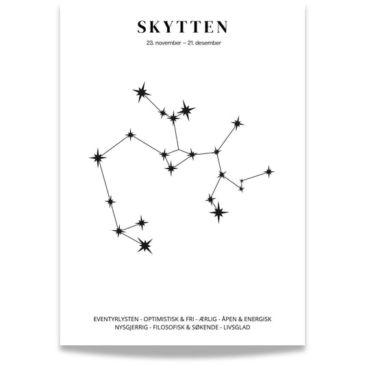 Minimalistisk stjernetegnplakat med stjernebildet Skytten i sort på hvit bakgrunn.  