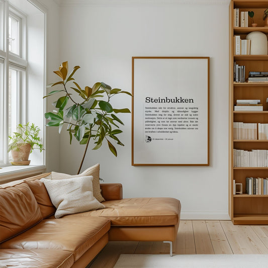 Minimalistisk stjernetegnplakat for Steinbukken med typografisk tekst og rolig, nordisk uttrykk. Plakat i eik ramme på en stue.