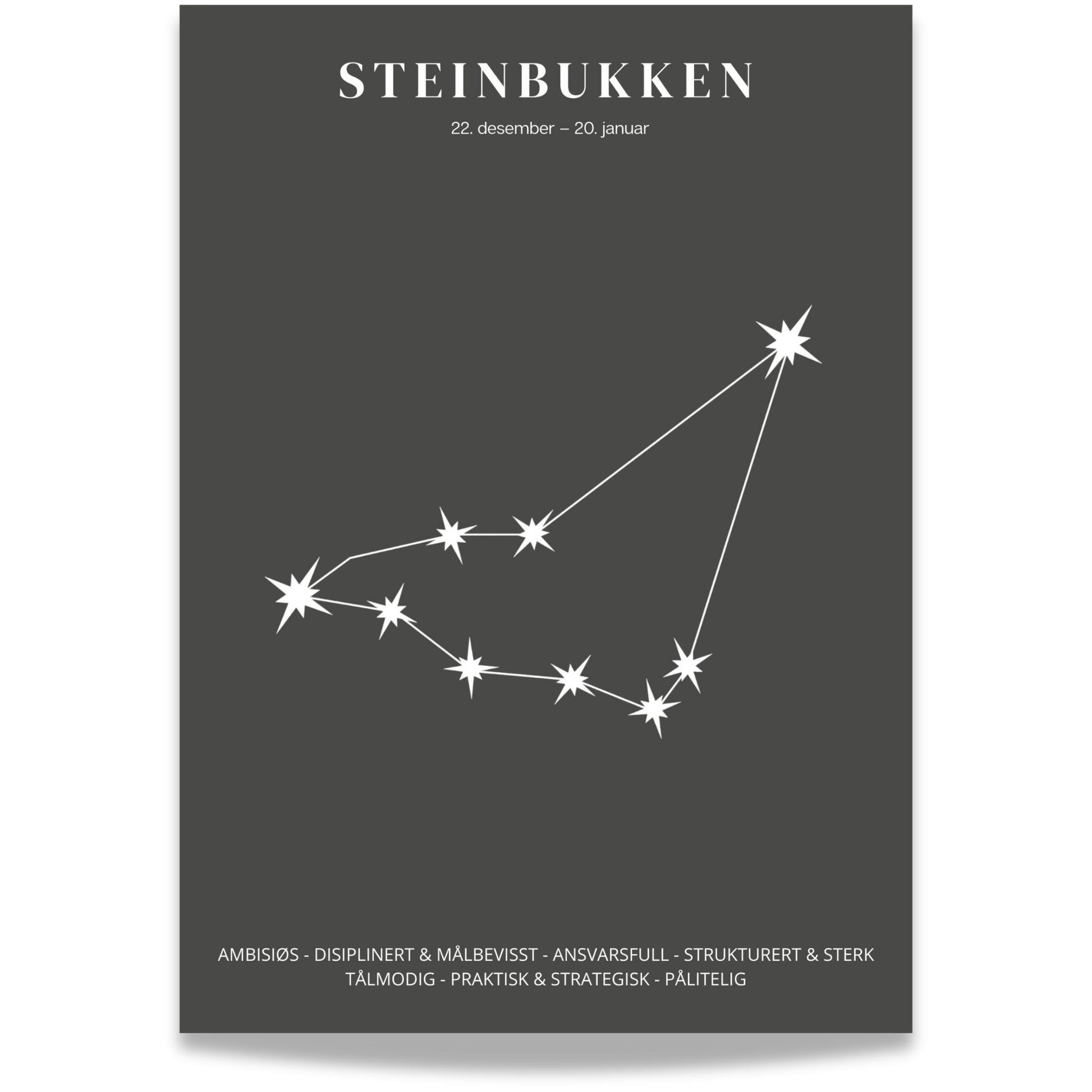 Minimalistisk stjernetegnplakat med stjernebildet Steinbukken i hvitt på sort bakgrunn.  