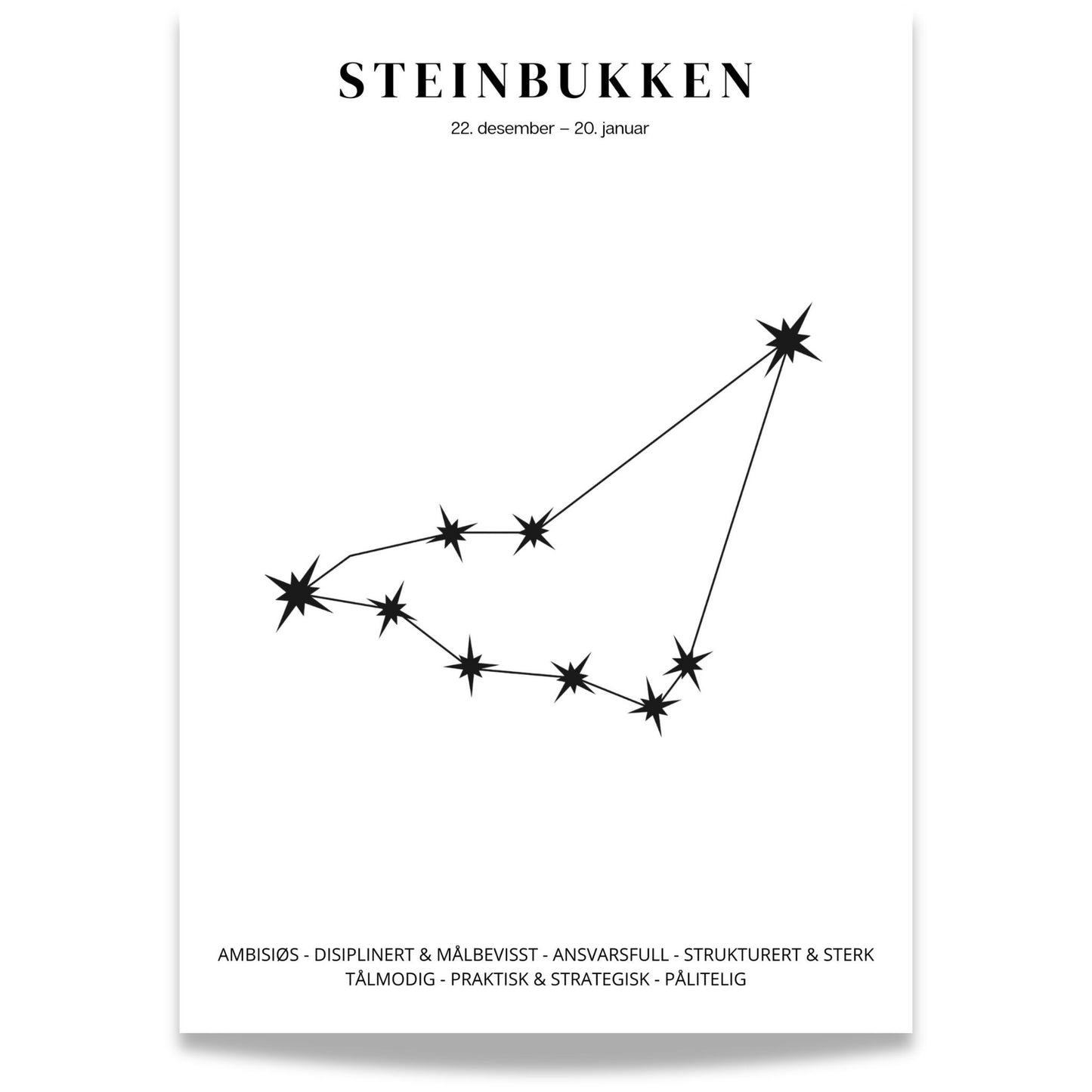 Minimalistisk stjernetegnplakat med stjernebildet Steinbukken i sort på hvit bakgrunn.