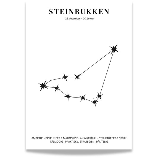 Minimalistisk stjernetegnplakat med stjernebildet Steinbukken i sort på hvit bakgrunn.