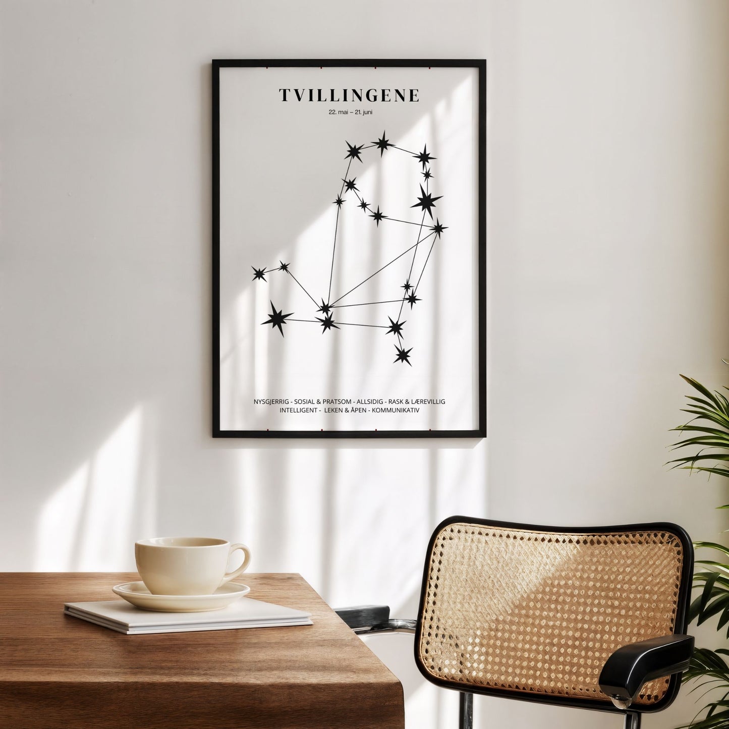 Minimalistisk stjernetegnplakat med stjernebildet Tvillingene i sort på hvit bakgrunn. Miljøbilde.