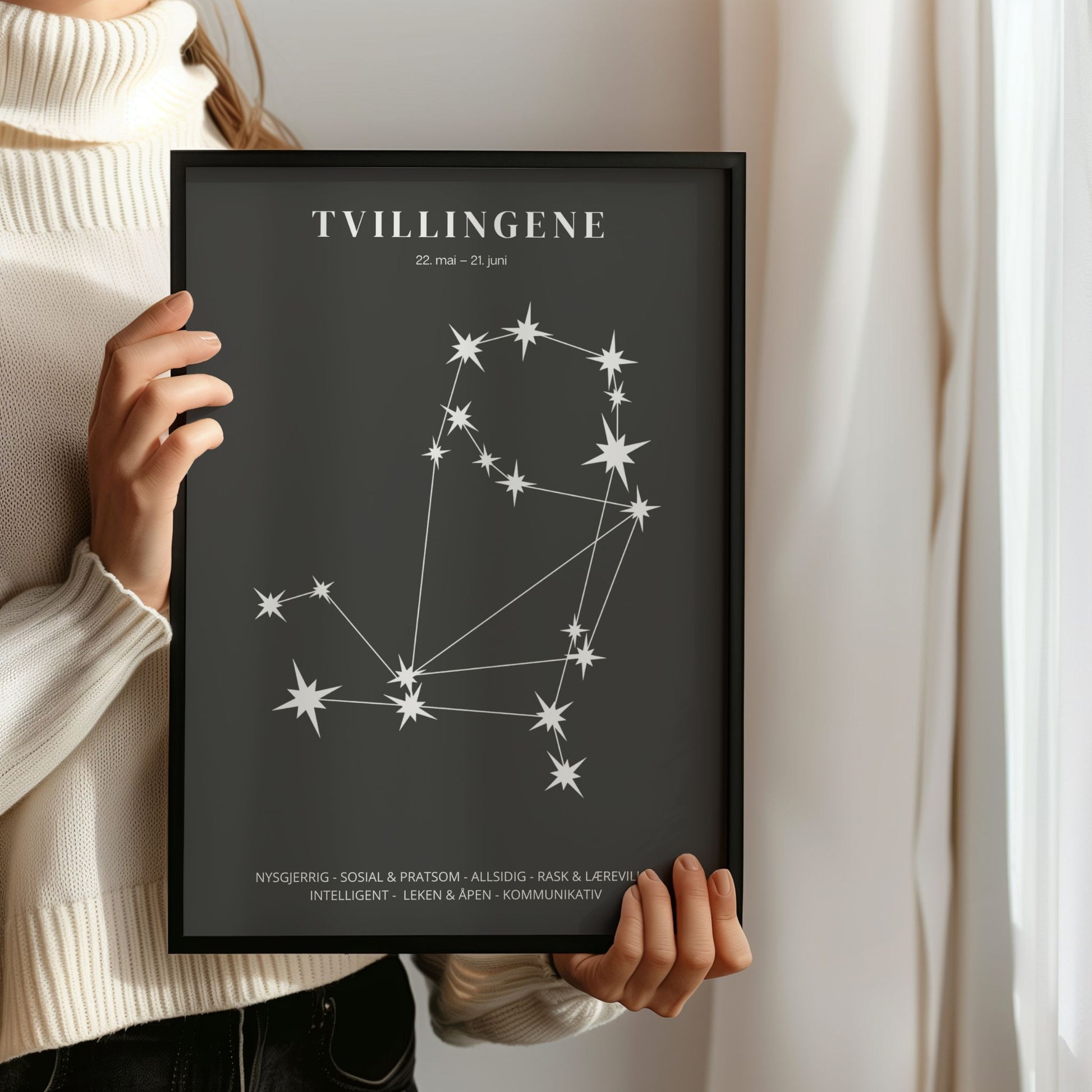 Minimalistisk stjernetegnplakat med stjernebildet Tvillingene  i hvitt på sort bakgrunn. Person som holder ramme.