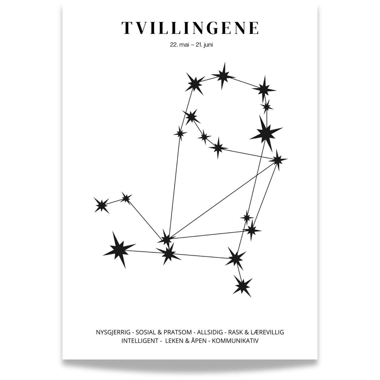Minimalistisk stjernetegnplakat med stjernebildet Tvillingene i sort på hvit bakgrunn. 