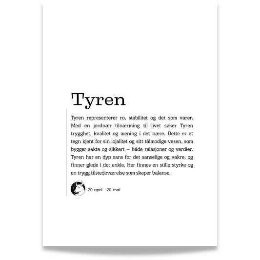 Minimalistisk stjernetegnplakat for Tyren med typografisk tekst og rolig, nordisk uttrykk