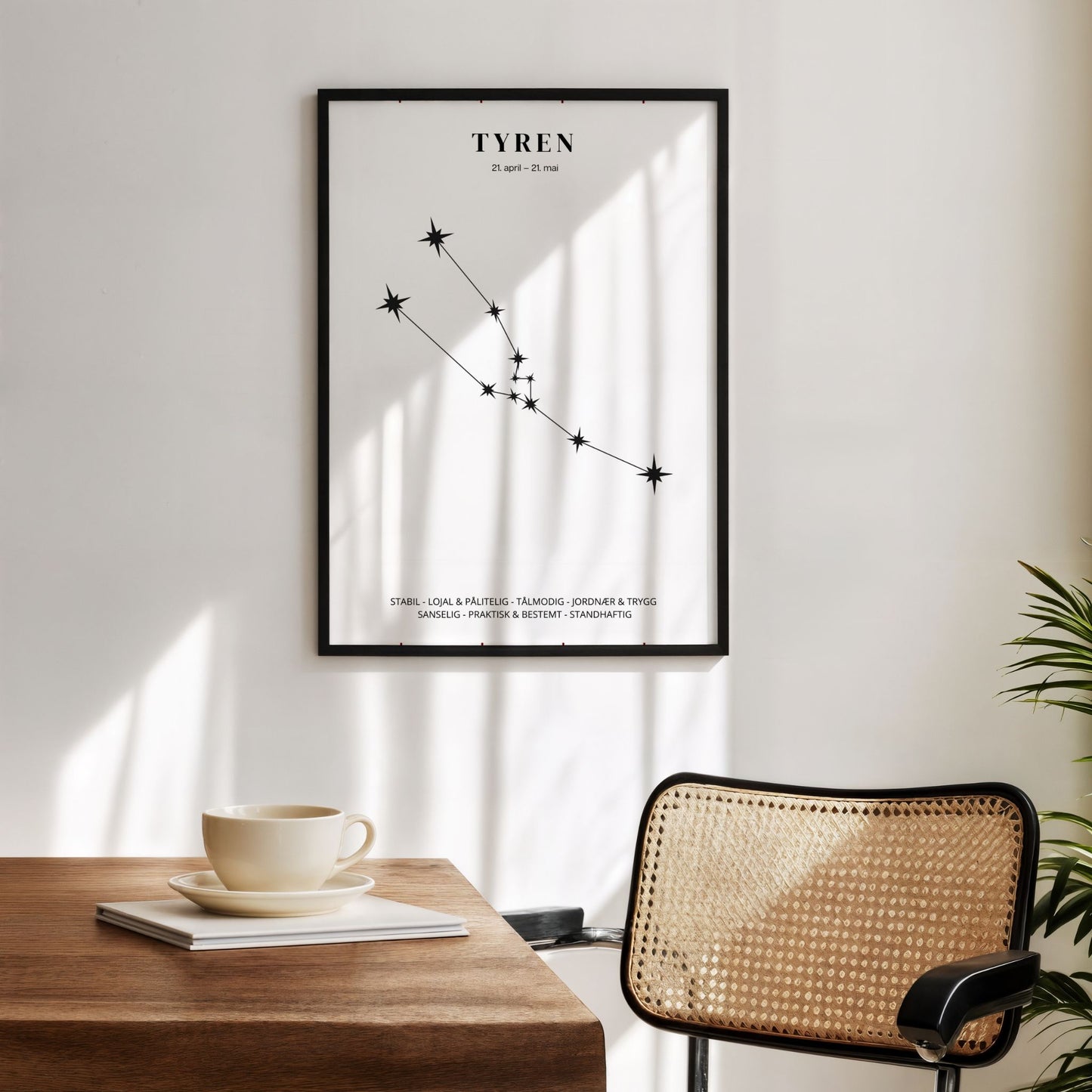 Minimalistisk stjernetegnplakat med stjernebildet Tyren i sort på hvit bakgrunn. Miljøbilde.