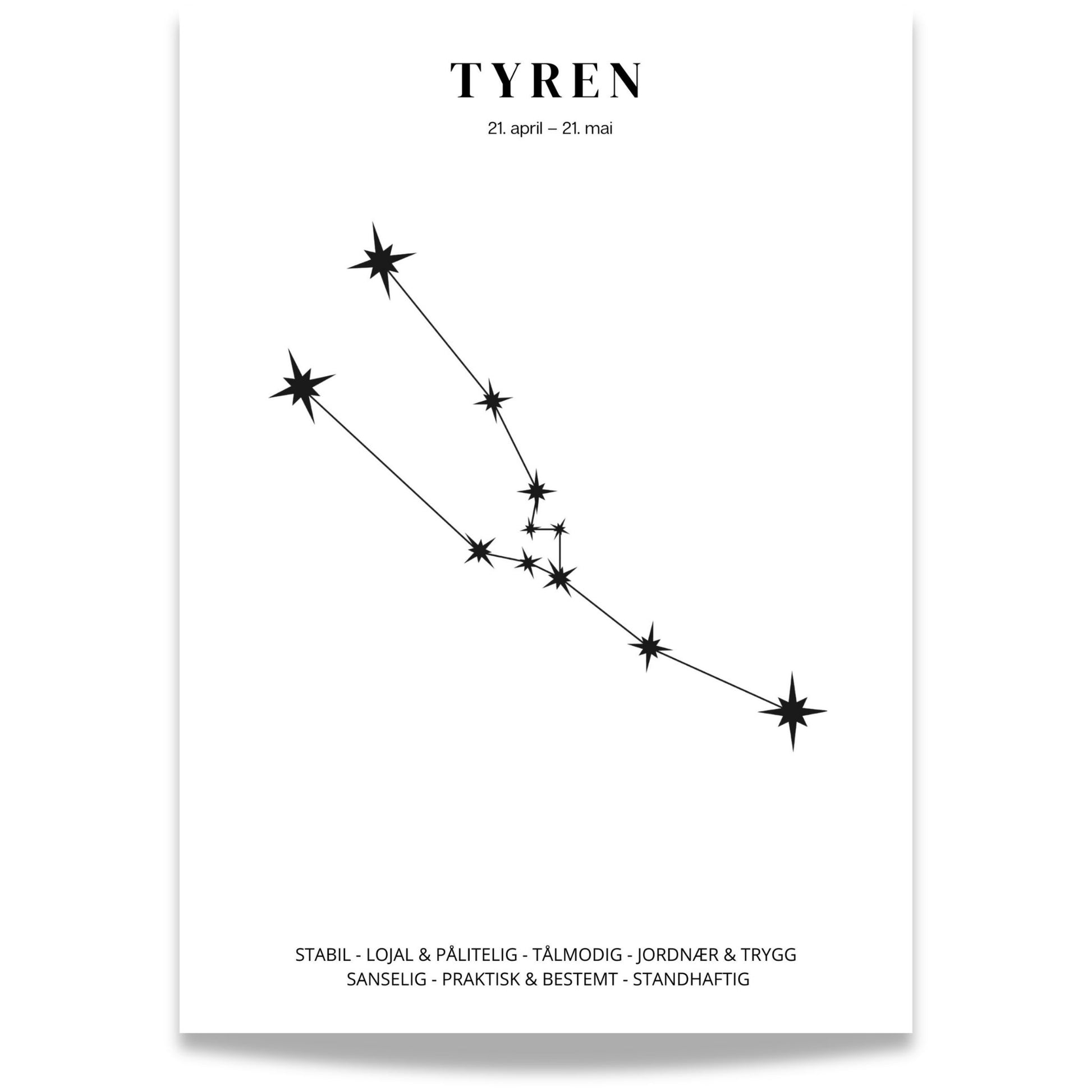 Minimalistisk stjernetegnplakat med stjernebildet Tyren i sort på hvit bakgrunn.