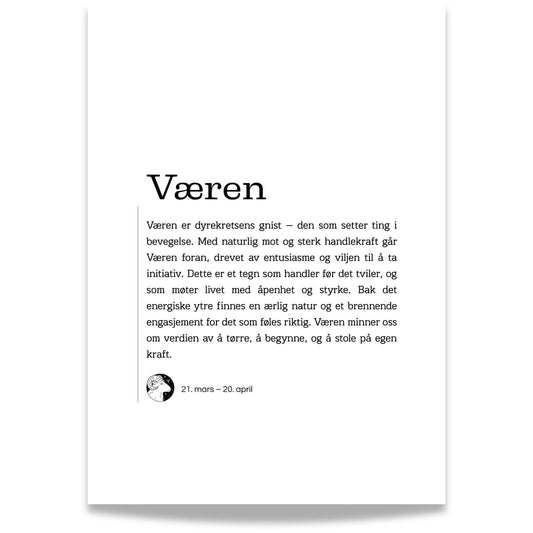 Minimalistisk stjernetegnplakat for Væren med typografisk tekst og rolig, nordisk uttrykk
