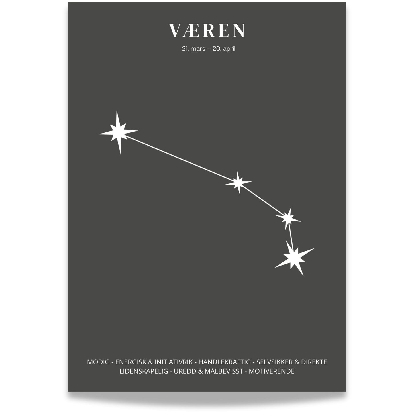 Minimalistisk stjernetegnplakat med stjernebildet Væren i hvitt på sort bakgrunn.  