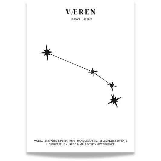Minimalistisk stjernetegnplakat med stjernebildet Væren i sort på hvit bakgrunn. 