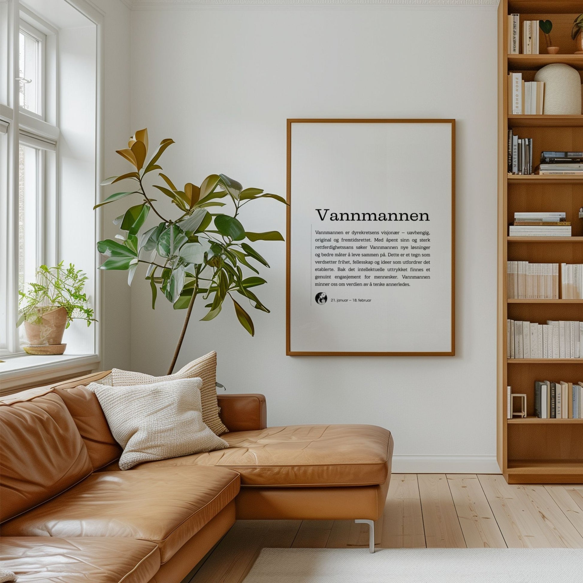 Minimalistisk stjernetegnplakat for Vannmannen med typografisk tekst og rolig, nordisk uttrykk. Plakat i eik ramme på en stue.