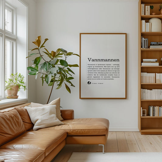 Minimalistisk stjernetegnplakat for Vannmannen med typografisk tekst og rolig, nordisk uttrykk. Plakat i eik ramme på en stue.