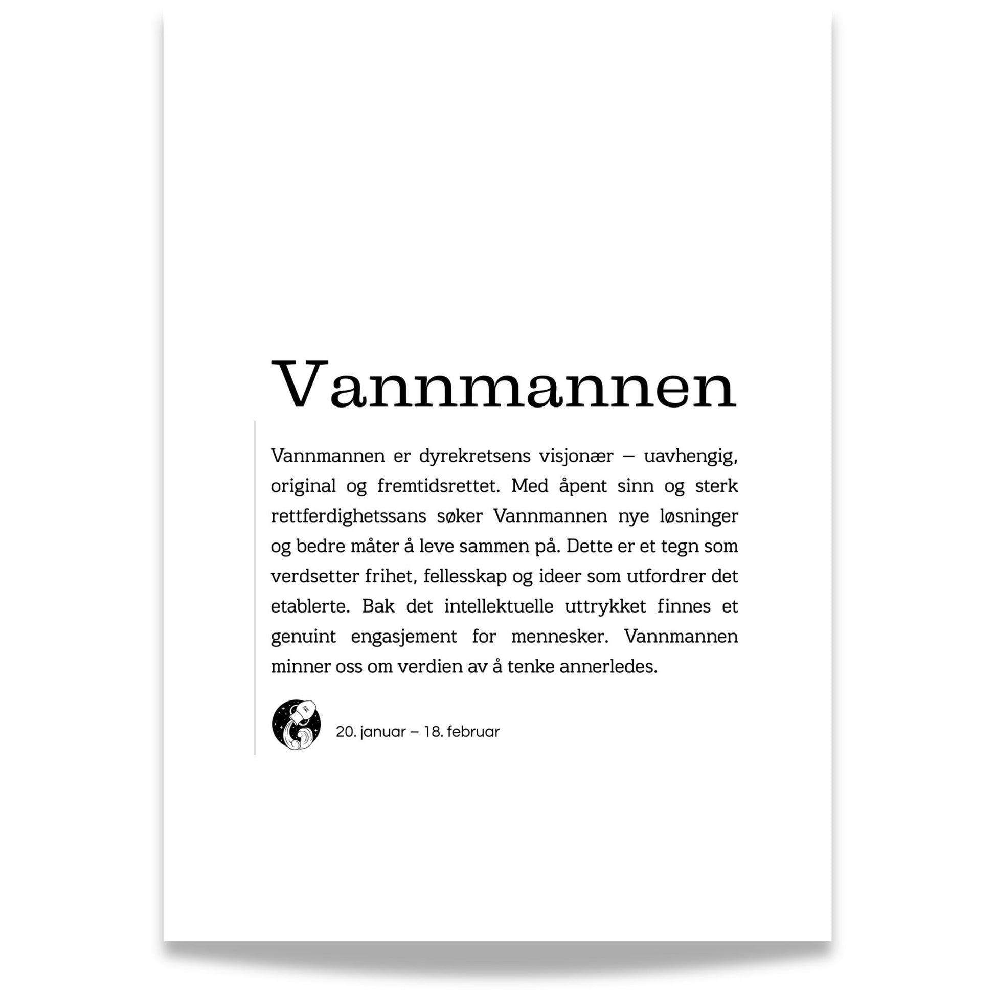 Minimalistisk stjernetegnplakat for Vannmannen med typografisk tekst og rolig, nordisk uttrykk