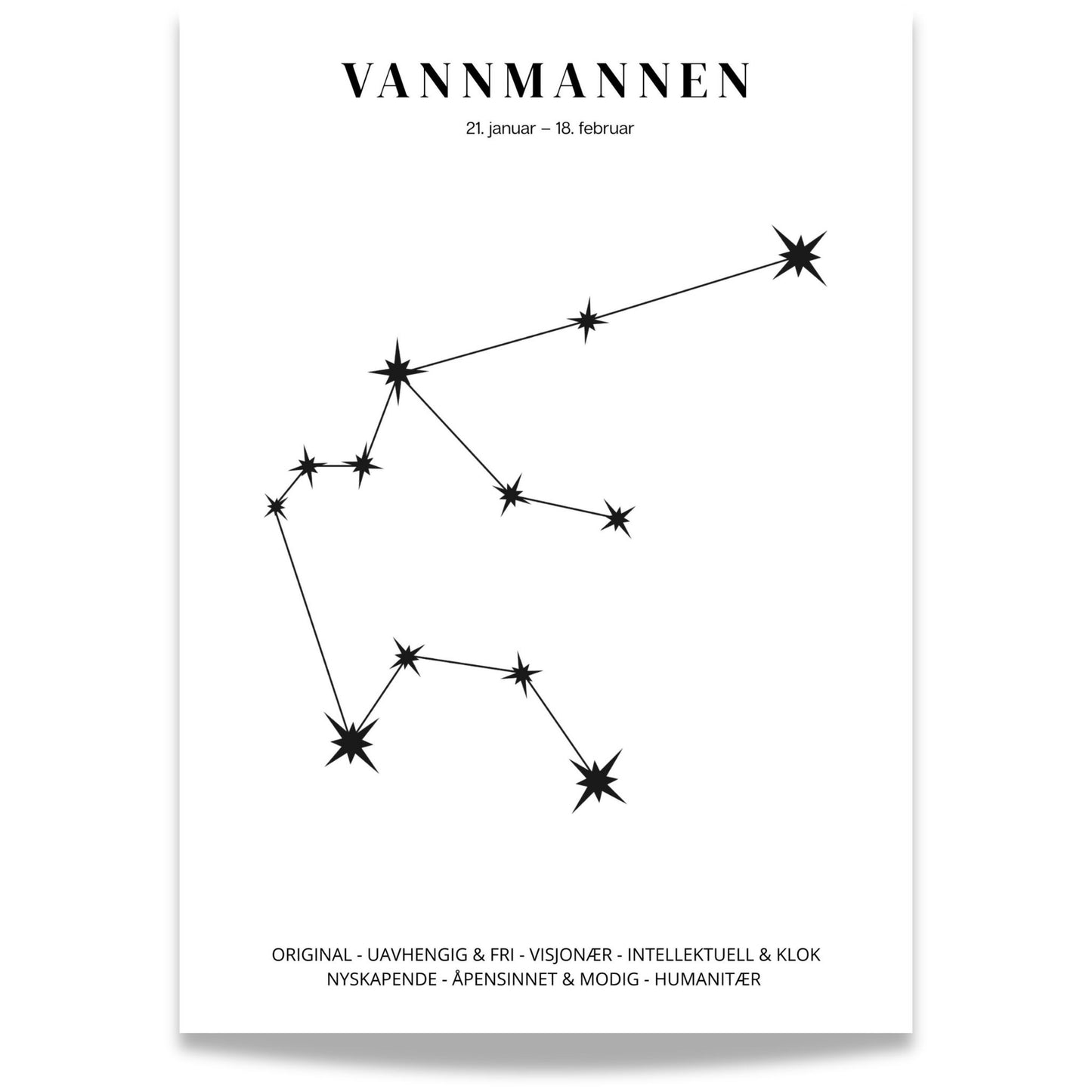 Minimalistisk stjernetegnplakat med stjernebildet Vannmannen i sort på hvit bakgrunn.  