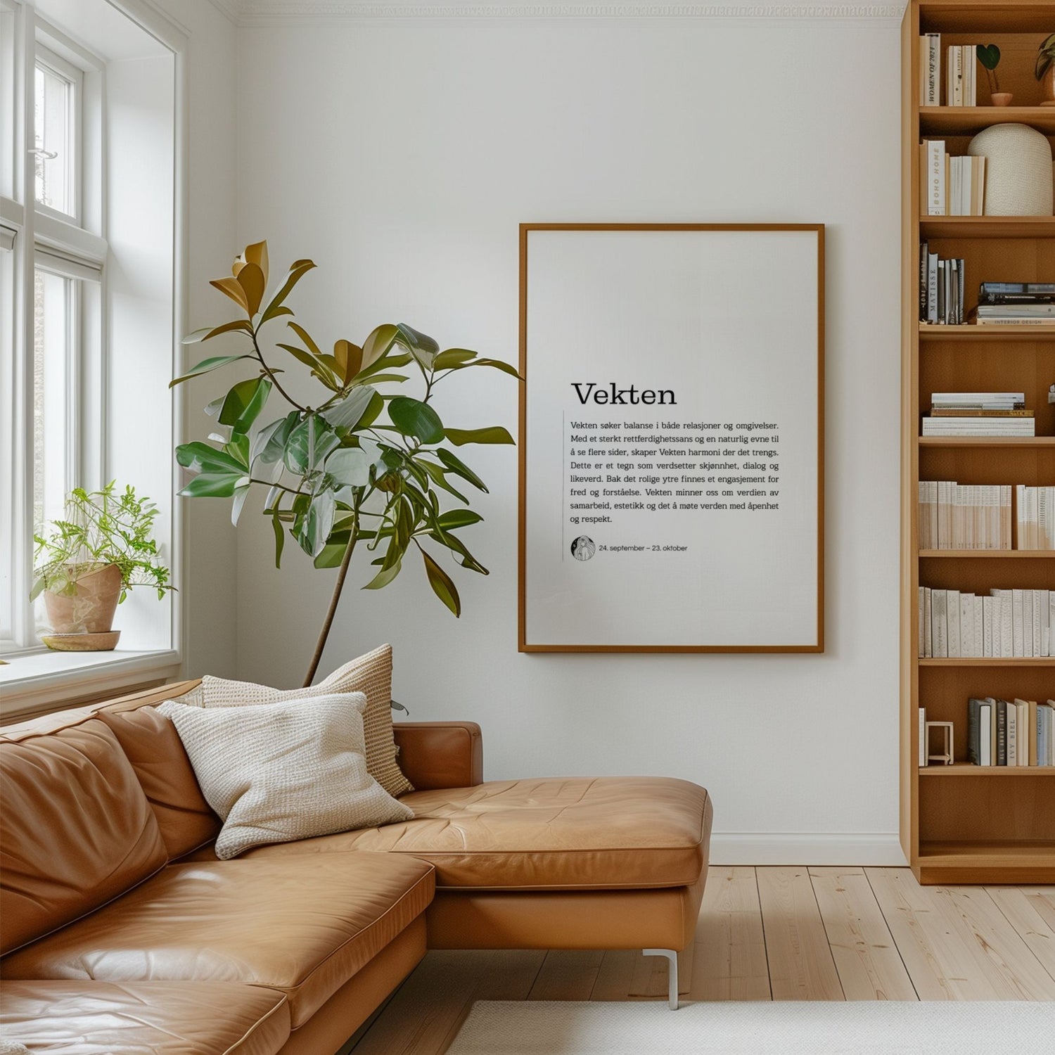 Minimalistisk stjernetegnplakat for Vekten med typografisk tekst og rolig, nordisk uttrykk. Plakat i eik ramme på en stue.