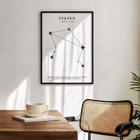 Minimalistisk stjernetegnplakat med stjernebildet Vekten i sort på hvit bakgrunn. Miljøbilde.