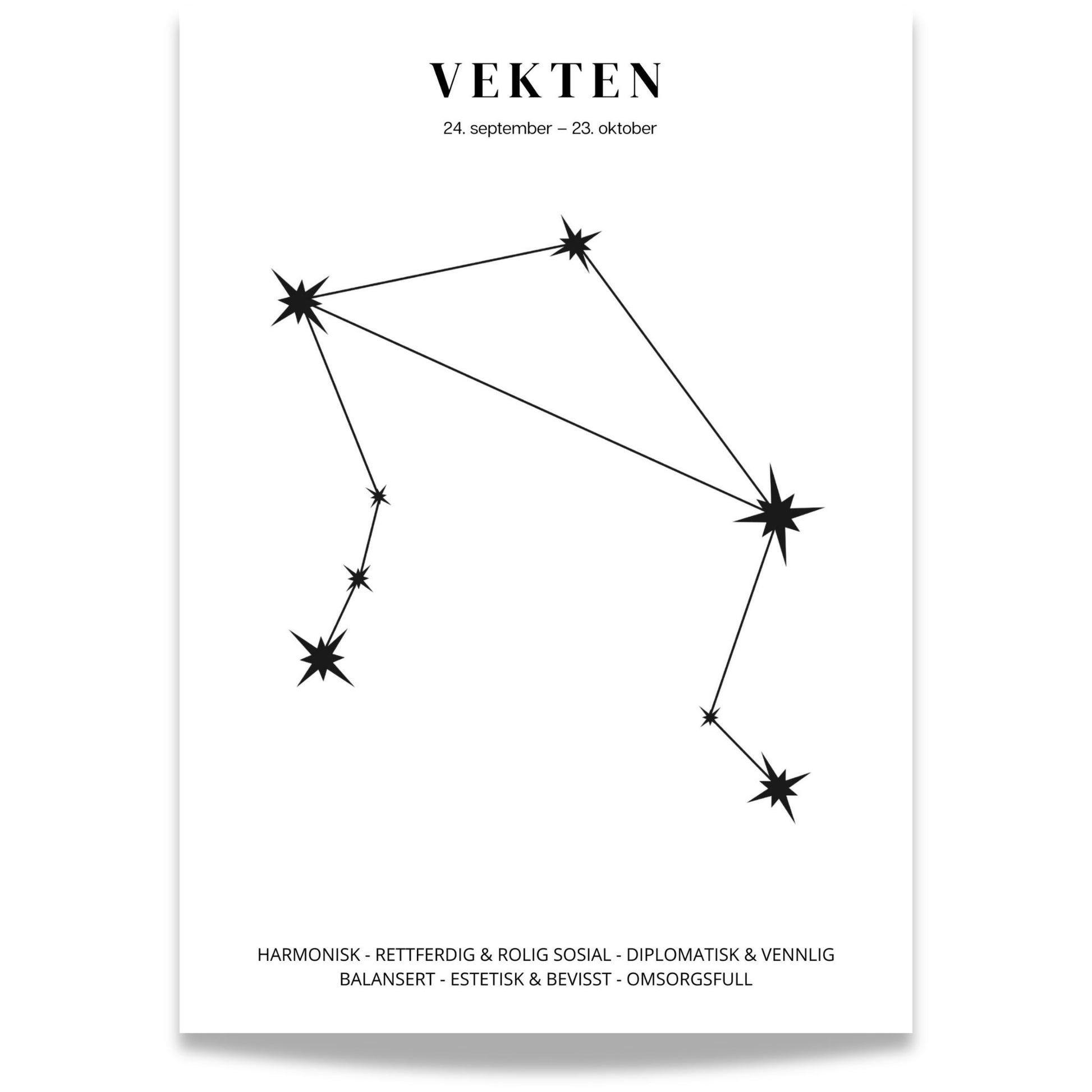 Minimalistisk stjernetegnplakat med stjernebildet Vekten i sort på hvit bakgrunn.  