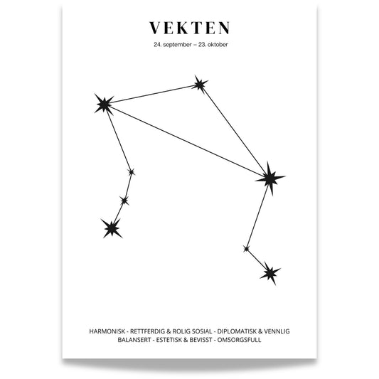 Minimalistisk stjernetegnplakat med stjernebildet Vekten i sort på hvit bakgrunn.  