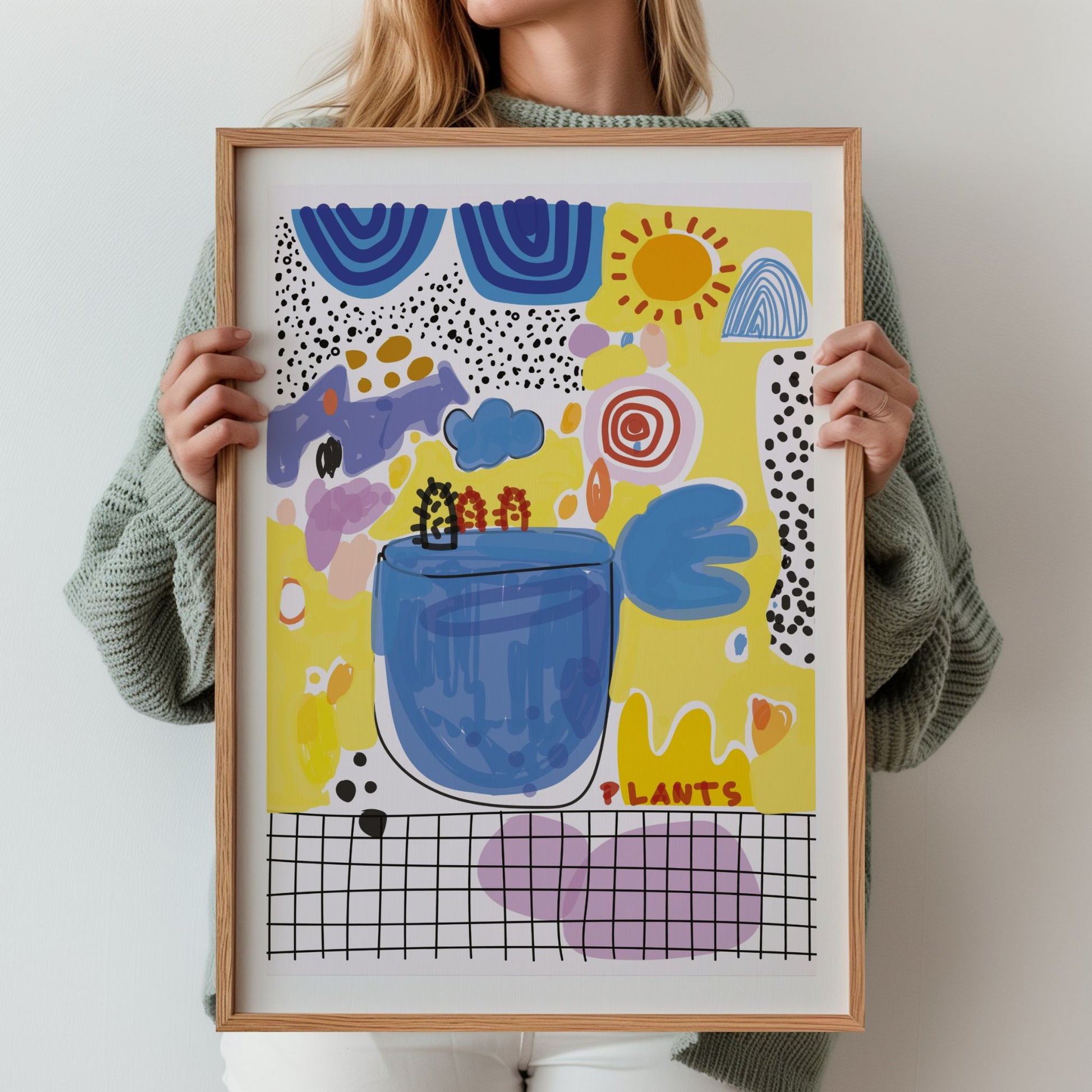 Sunny Spirit grafisk plakat vist i eikeramme