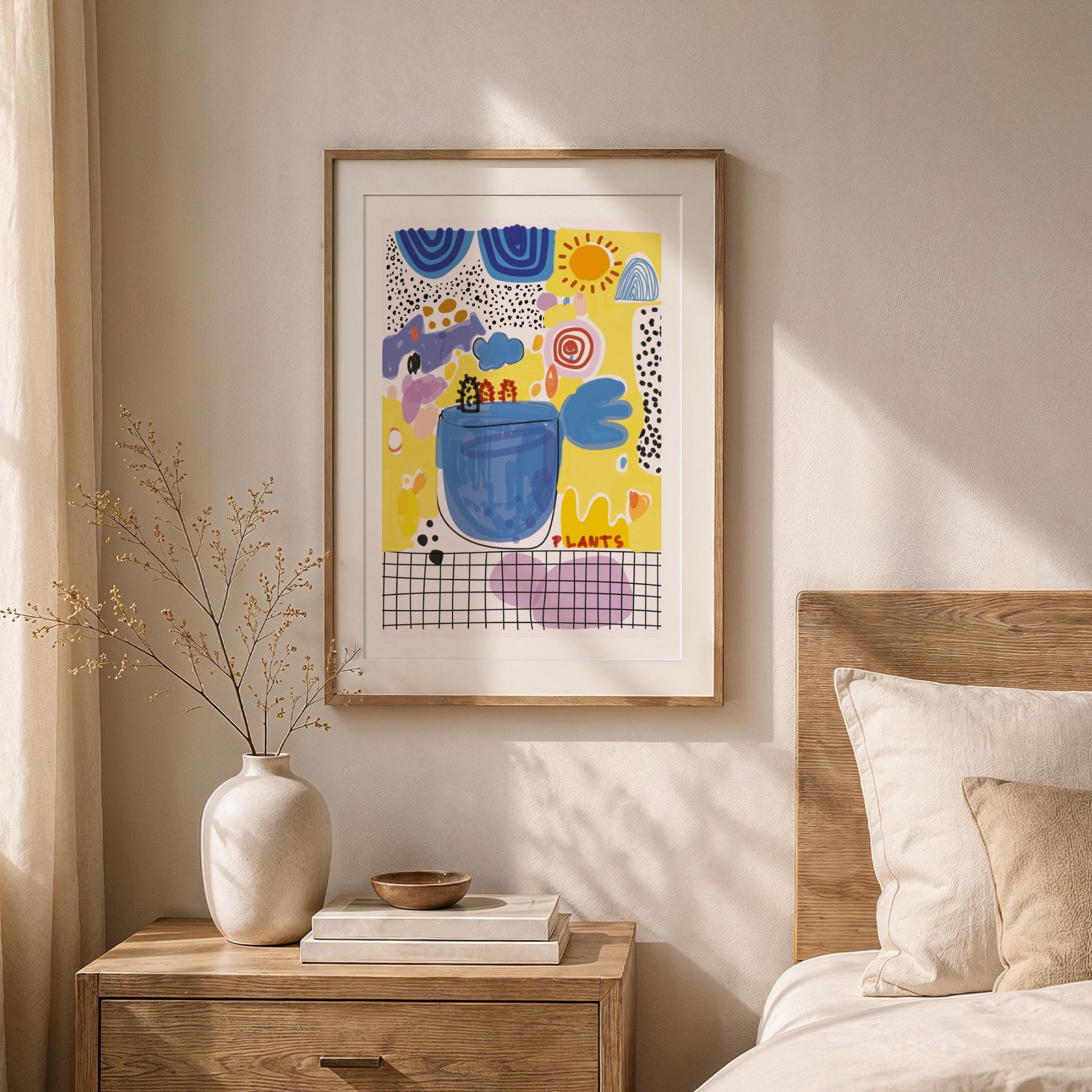 Sunny Spirit fargerik grafisk plakat i eikeramme i lyst soverom