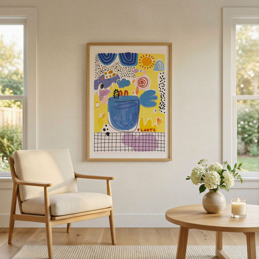 Sunny Spirit grafisk plakat i eikeramme i lys moderne stue