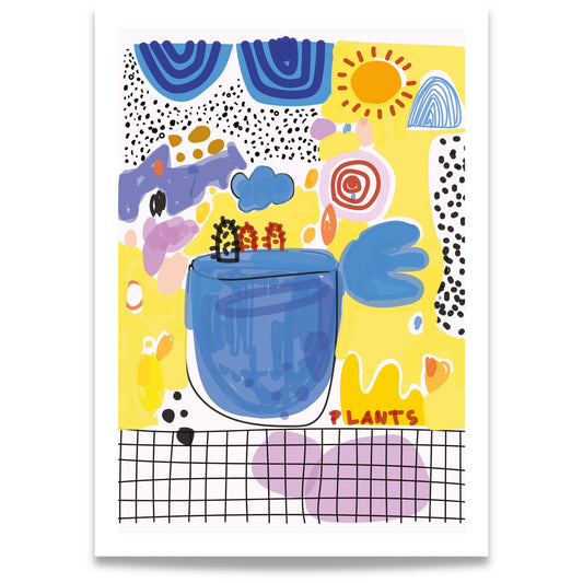 Sunny Spirit fargerik grafisk plakat med gule og blå abstrakte former