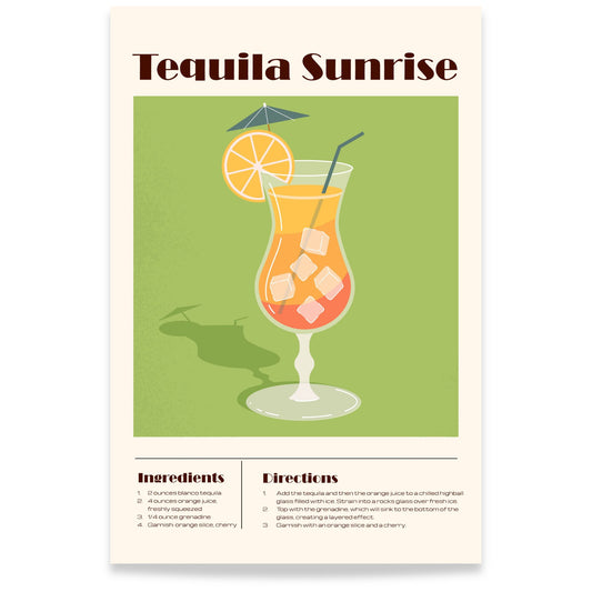 Tequila Sunrise cocktail plakat med oppskrift i fargerikt design