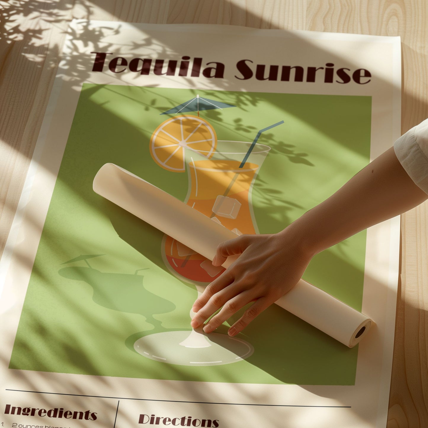 Tequila Sunrise plakat med oppskrift – nærbilde av trykk og kvalitet