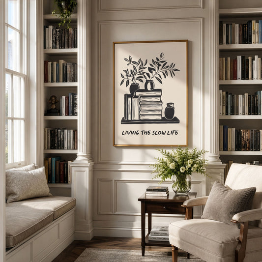 The Slow Reader bokplakat innrammet i klassisk bibliotek med bokhyller
