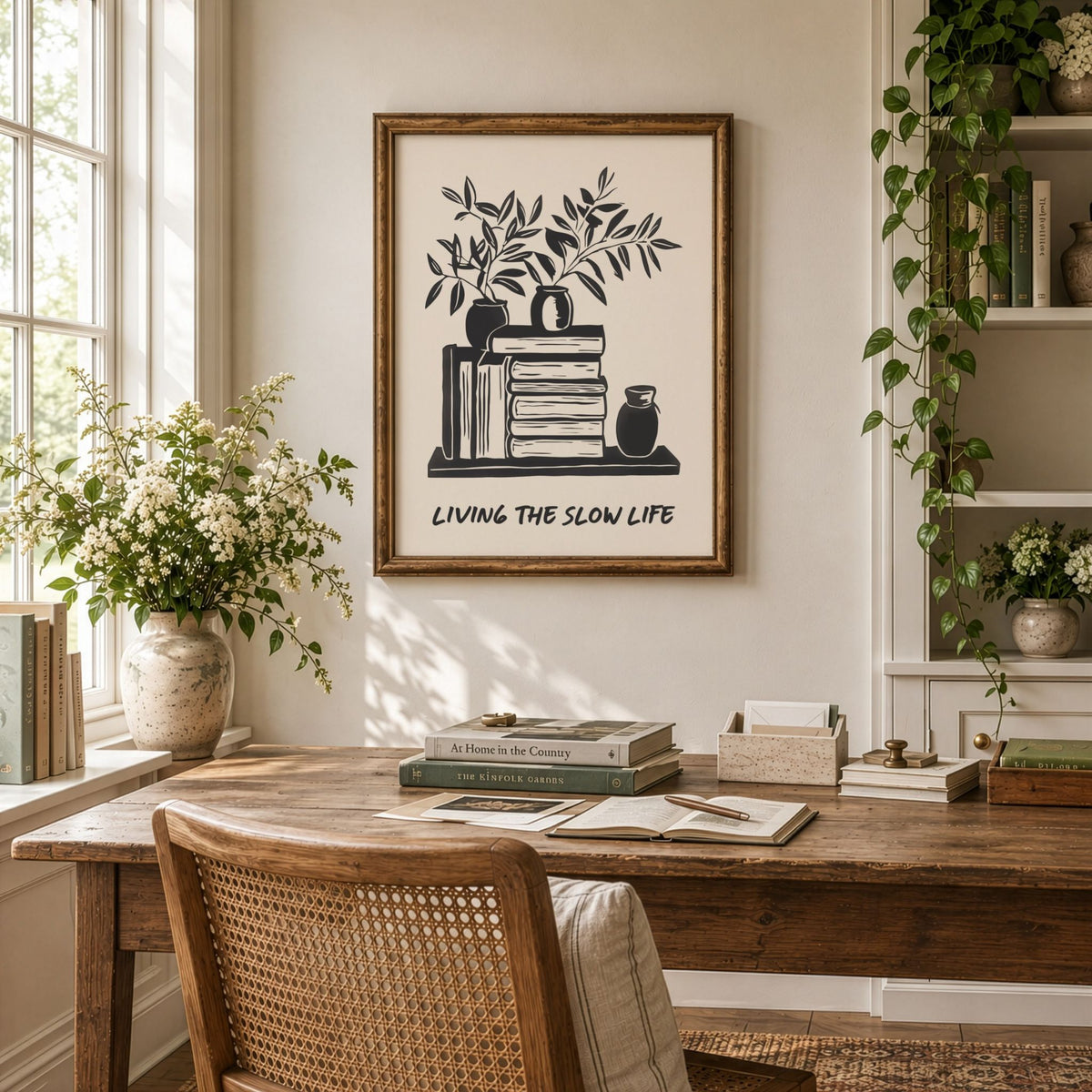 The Slow Reader kunstplakat over skrivebord i varm og personlig lesekrok